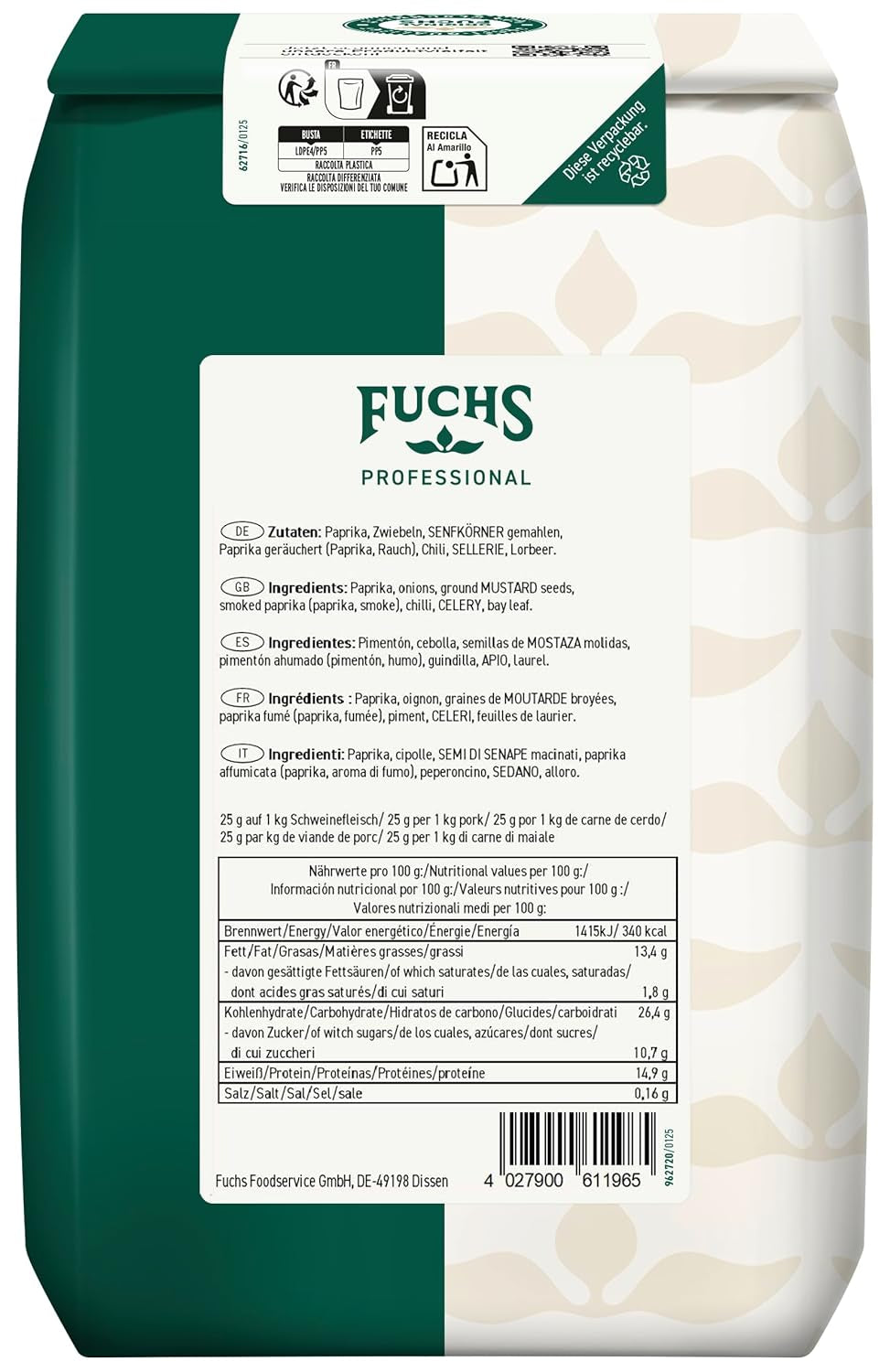 Fuchs Professional - Schaschlik Gewürzmischung | Zum Würzen/Marinieren von gebratenem oder gegrillten Fleisch | Profi-Qualität für Großverbraucher | 1 kg im recyclebaren Beutel