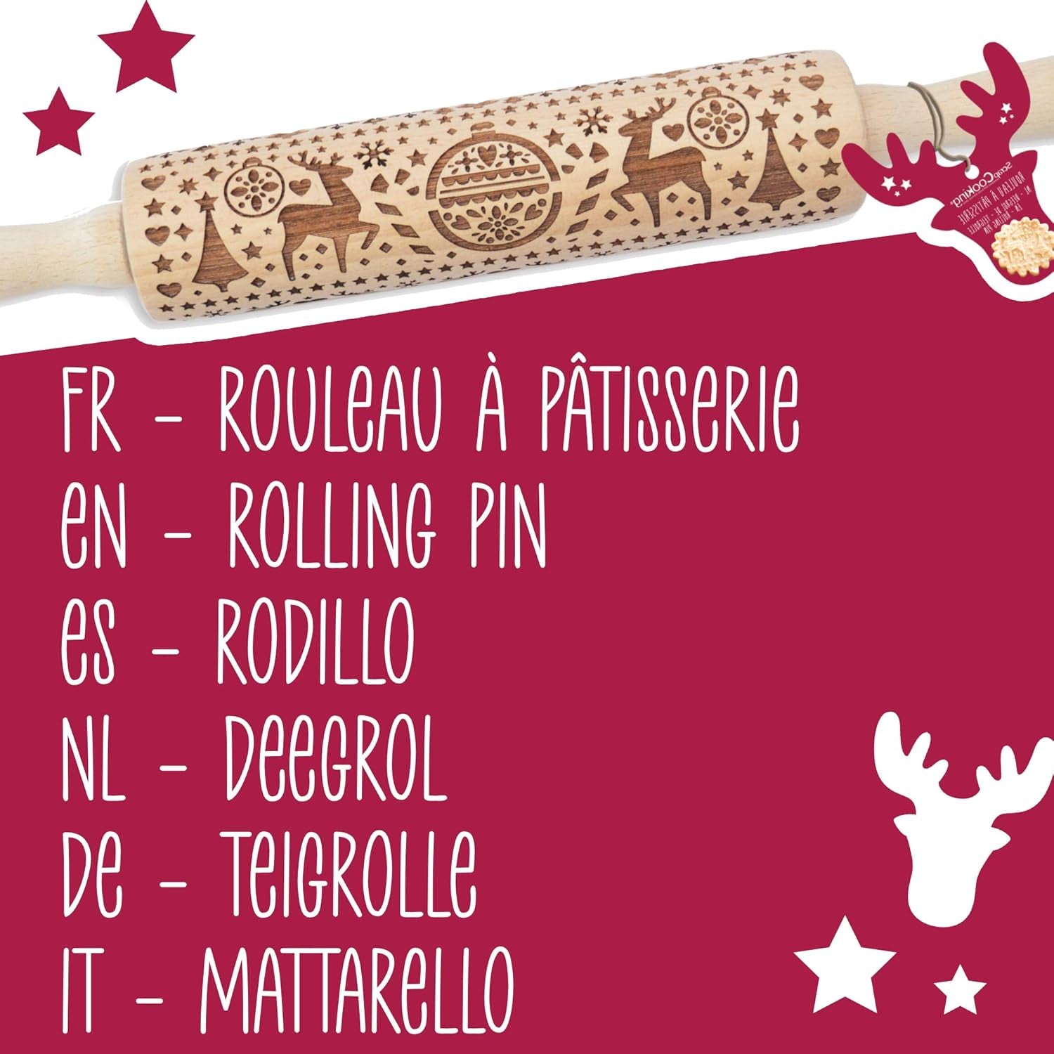 Sucitor din lemn Scrap Cooking „Xmas” cu motive de Crăciun – rolă de embosat cu decorațiuni în relief pentru fursecuri – accesoriu decorativ – 5242