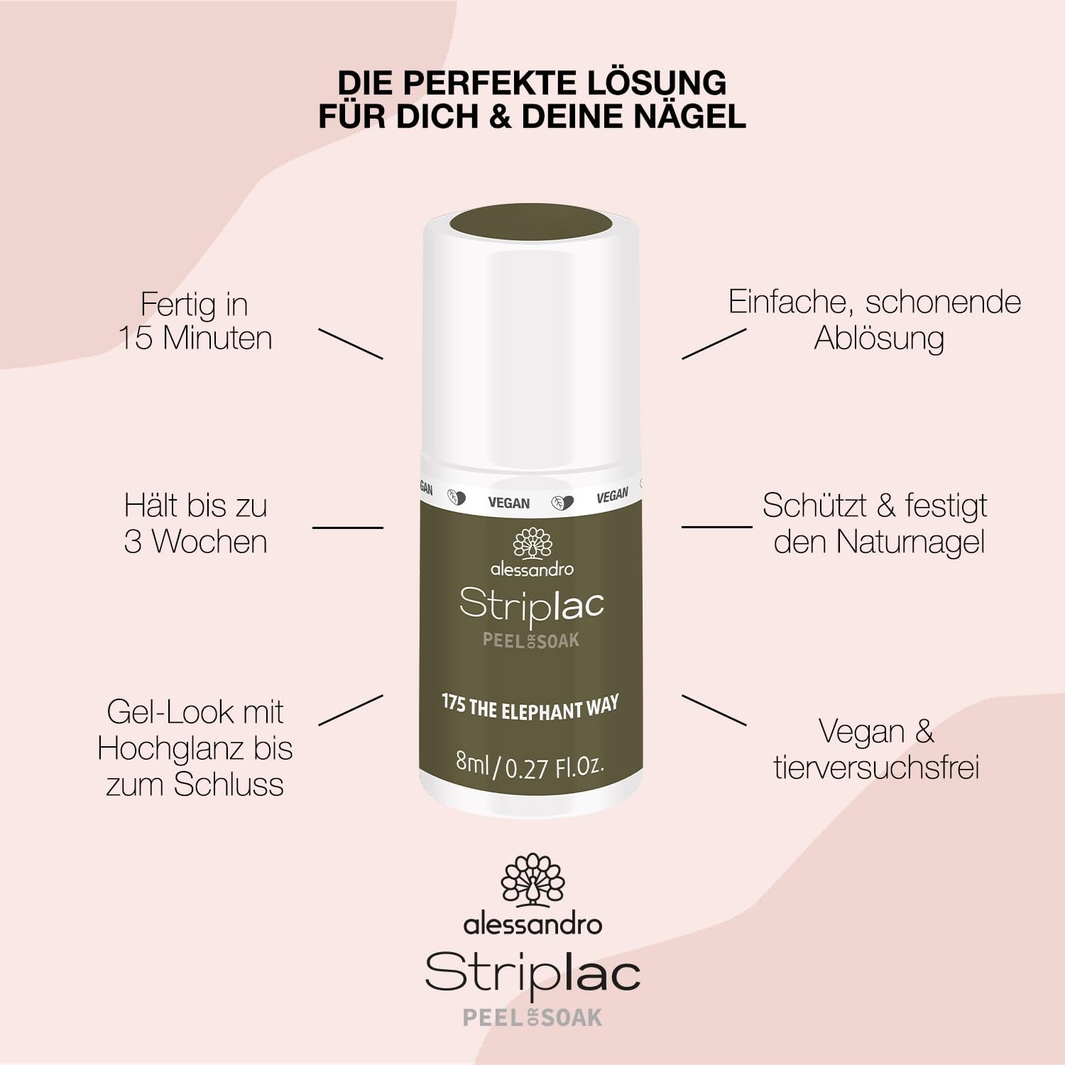 Oja UV alessandro Striplac The Elephant Way – Delicată și de lungă durată – Îndepărtare ușoară datorită tehnologiei de îndepărtare – Vegană și cruelty-free – 8 ml