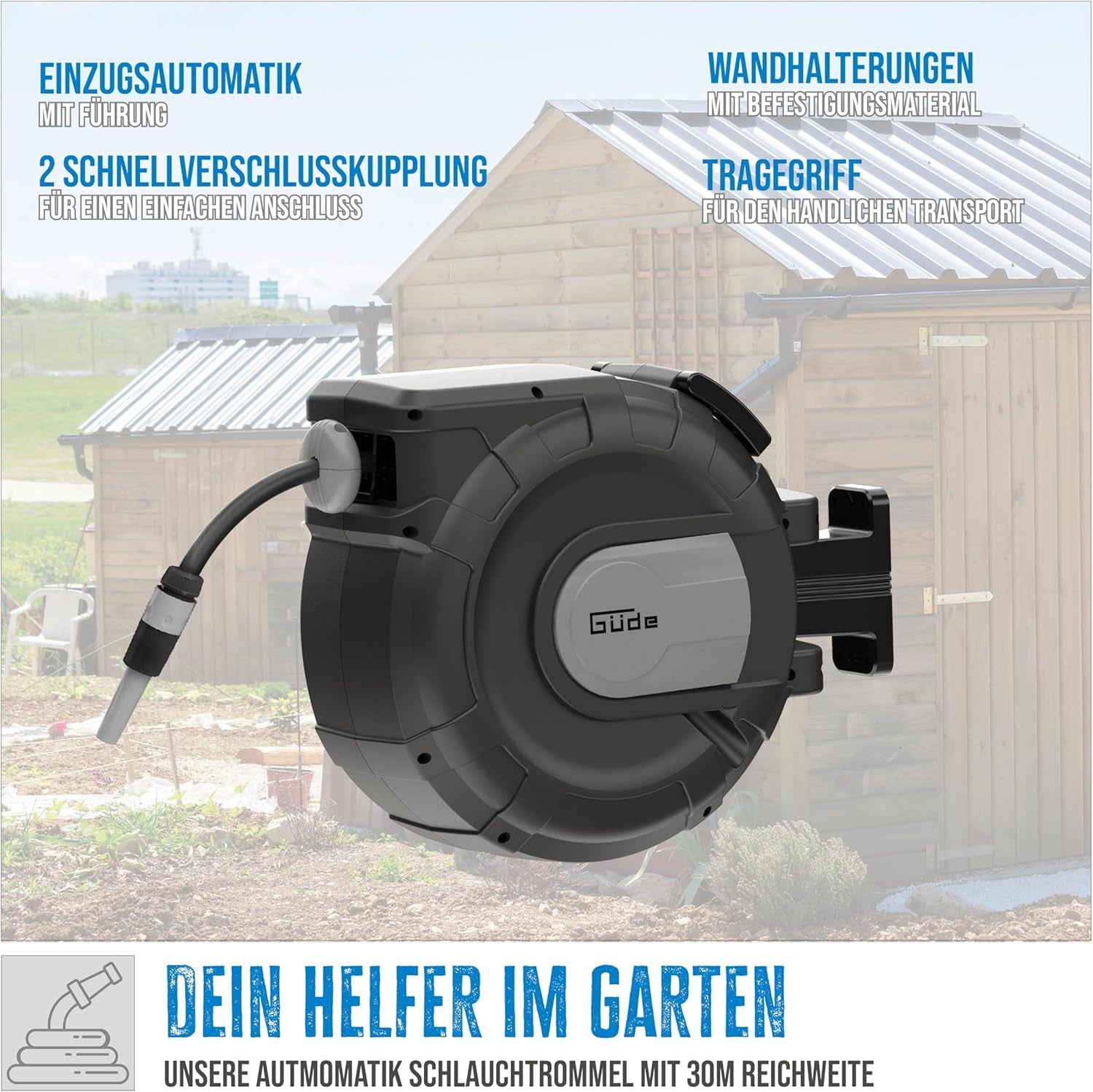 Rolă automată pentru furtun Güde 30-2-2 1/2 (rotație la 180°, pentru montare pe perete, furtun de 30 m, pulverizator de apă, suport de perete, retragere automată, opritor retragere, mâner de transport, 2 cuplaje rapide)