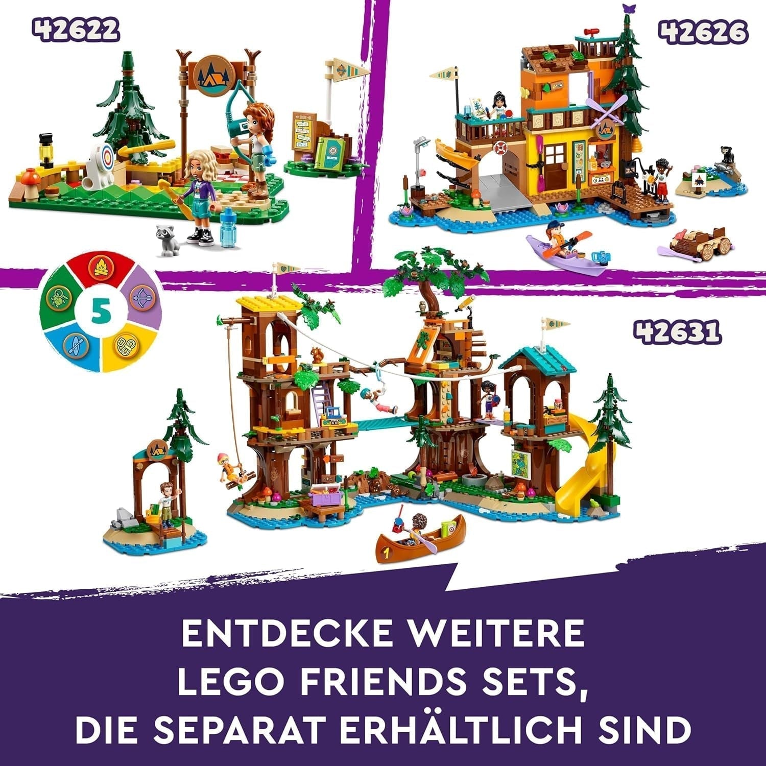 LEGO Friends Tree House At Adventure Camp, set de joacă pentru fete și băieți de la 8 ani cu 5 figurine și 5 animale, idee de cadou pentru jocuri creative, jucării sportive, casă de păpuși 42631 Seturi de constructie Besuche den LEGO-Store