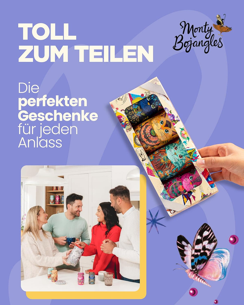 Trufe de ciocolată Monty Bojangles Savanna Gold (135g) pudrate cu cacao, praline, set cadou într-o cutie individuală de colecție cu design de pisică, aromă de scotch Flutter