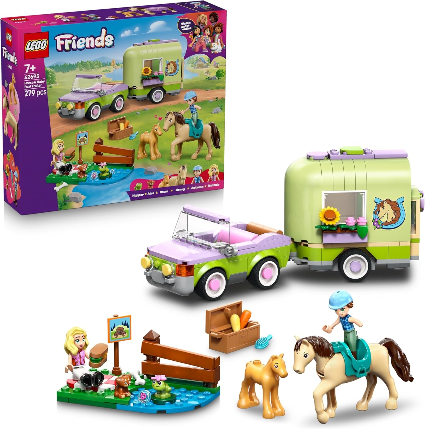LEGO Friends Pferd und Fohlen mit Pferdeanhänger - Pferde Spielset mit Pflegezubehör, 4 Tierfiguren, Auto & 2 Mini Puppen - Geschenkidee zum Geburtstag für Mädchen ab 7 Jahren - 42695