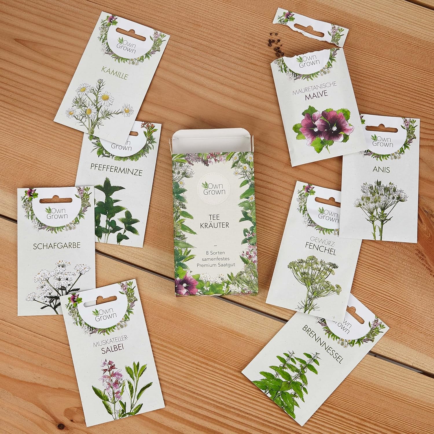 Set de semințe de ceai: 8 varietăți de semințe pentru balcon și grădină – mentă, mușețel, anason, urzică, nalbă – semințe de plante – ceai – cutie de ceai – plante OwnGrown