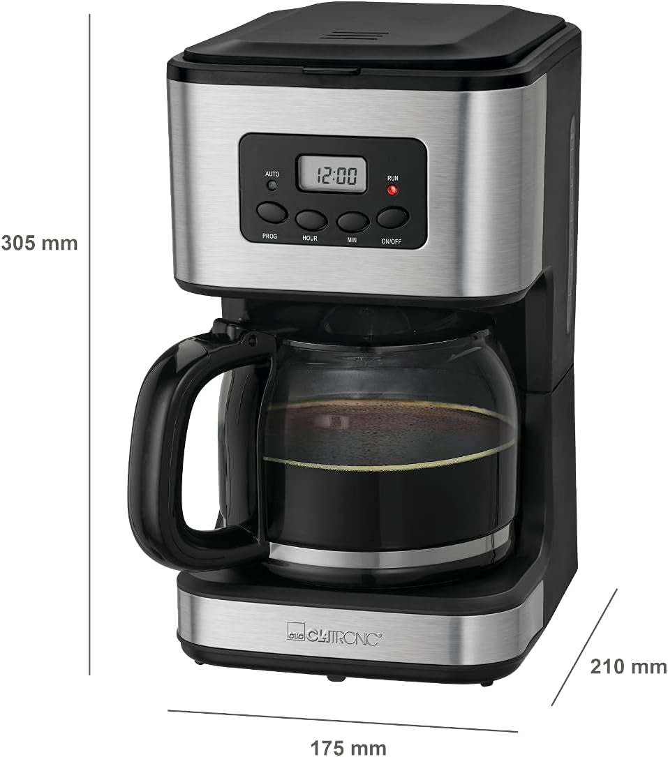 Cafetieră Clatronic® cu temporizator, carafă de 1,5 litri pentru 12-14 cești de cafea, temporizator LCD 24h, funcție de menținere la cald, antipicurare, filtru detașabil, afișaj și lumini indicatoare, 900W - KA 3642