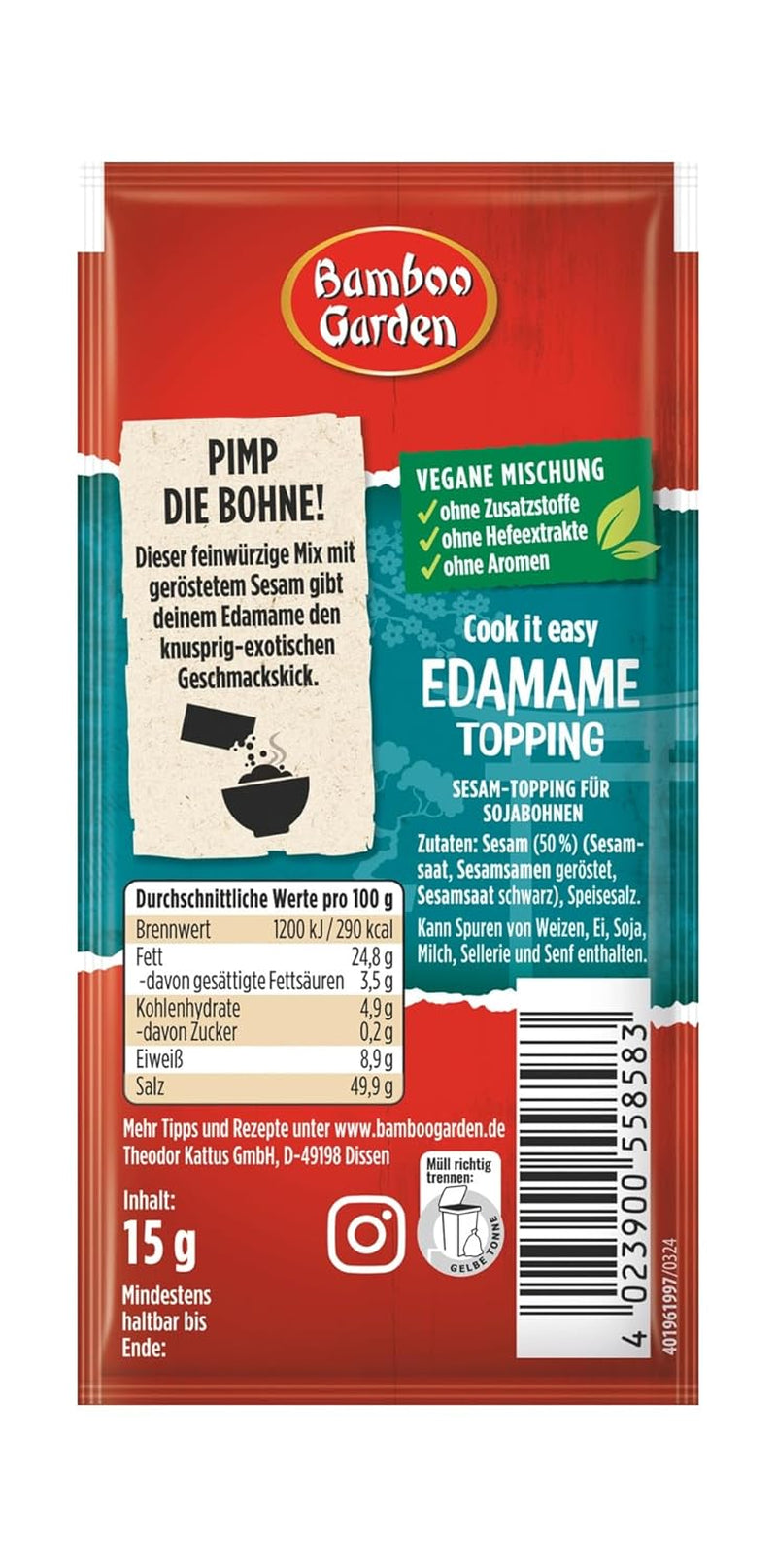 Bamboo Garden - Edamame Topping | Sesamtopping zum Verfeinern von Edamame Gerichten | Vegan, natürliche Zutaten | 15 g im Beutel