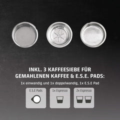 Caso Espresso Gourmet - Espressor portafiltru din oțel inoxidabil, pompă Ulka puternică de 19 bari, cu spumator de lapte, pentru cafea măcinată sau capsule de cafea ESE, pentru 2 cești, cu încălzitor de cești
