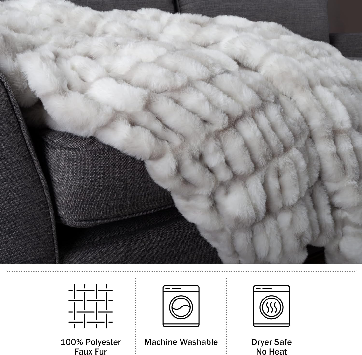Lavish Home Oversized Gerüschte Faux Fur Blanket, 152.4 X 203.2 Cm, Jacquard Faux Fur, Queen Size Throw pentru paturi și canapele, gri Paturi si Cuverturi Lavish Home