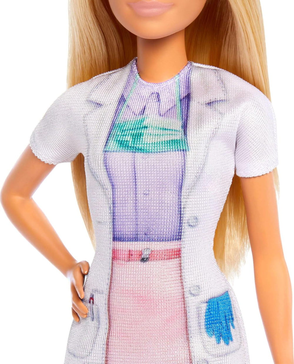 Barbie Zahnärztin-Puppe, Modepuppe mit blonden Haaren, blauem Kleid und Laborkittel, 1 Kinderpuppe, Untersuchungszubehör und passende Accessoires, JCR74