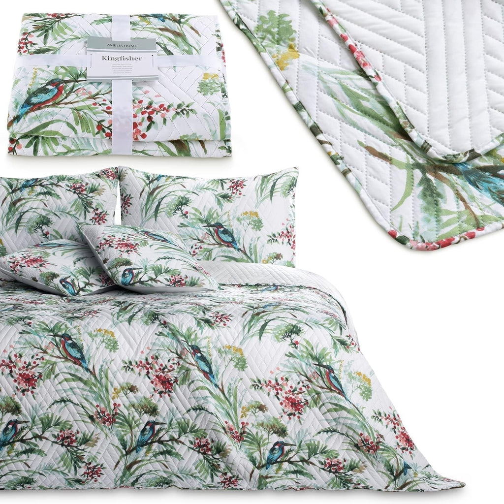Ameliahome Cuvertură de pat Cuvertură de pat 260X280 Cm Două fețe Easy Care Quilting Model de plante Model de păsări Multicolor Kingfisher Paturi si Cuverturi Besuche den AmeliaHome-Store