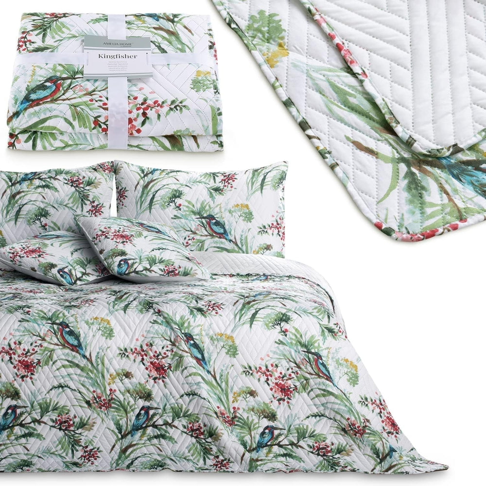Ameliahome Cuvertură de pat Cuvertură de pat 260X280 Cm Două fețe Easy Care Quilting Model de plante Model de păsări Multicolor Kingfisher Paturi si Cuverturi Besuche den AmeliaHome-Store