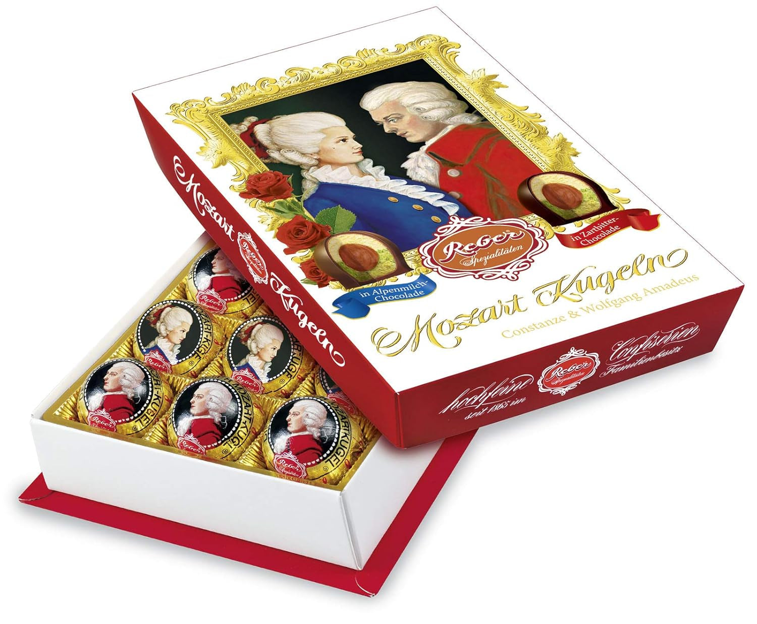 Bile Reber Mozart cu ciocolată neagră, pachet de 6 cu marțipan și nuga, vegane - 1 x 120 g