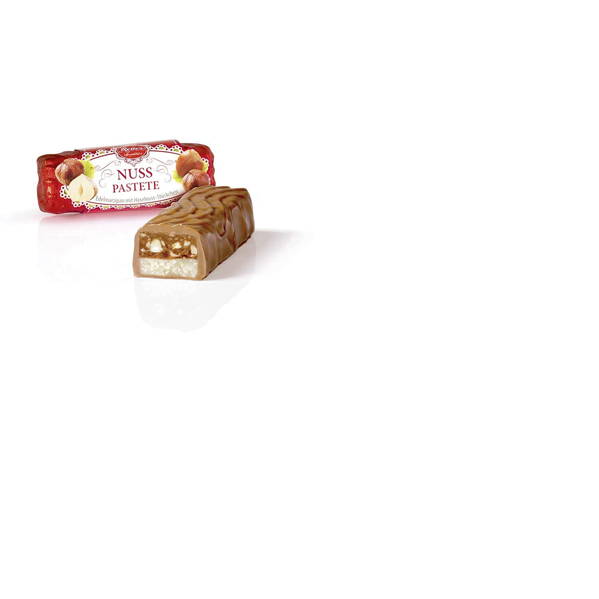 Pastă de nuci Reber, ciocolată cu lapte alpină, conține alcool, nuga, alune, rom și marțipan 49 g (pachet de 6)