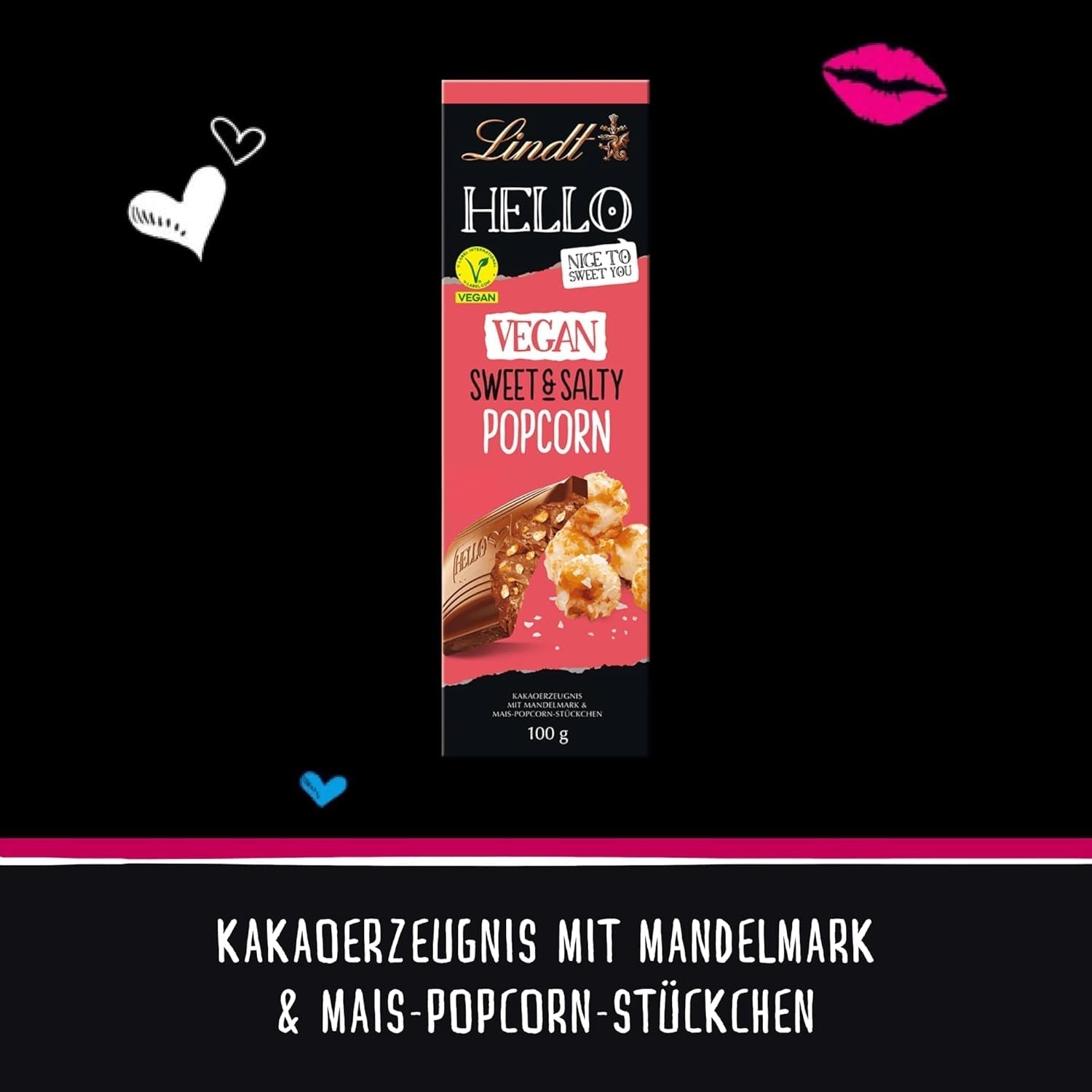 Lindt Chocolate HELLO Vegan Sweet'N Salty Popcorn, baton de 100 grame Naty Shop