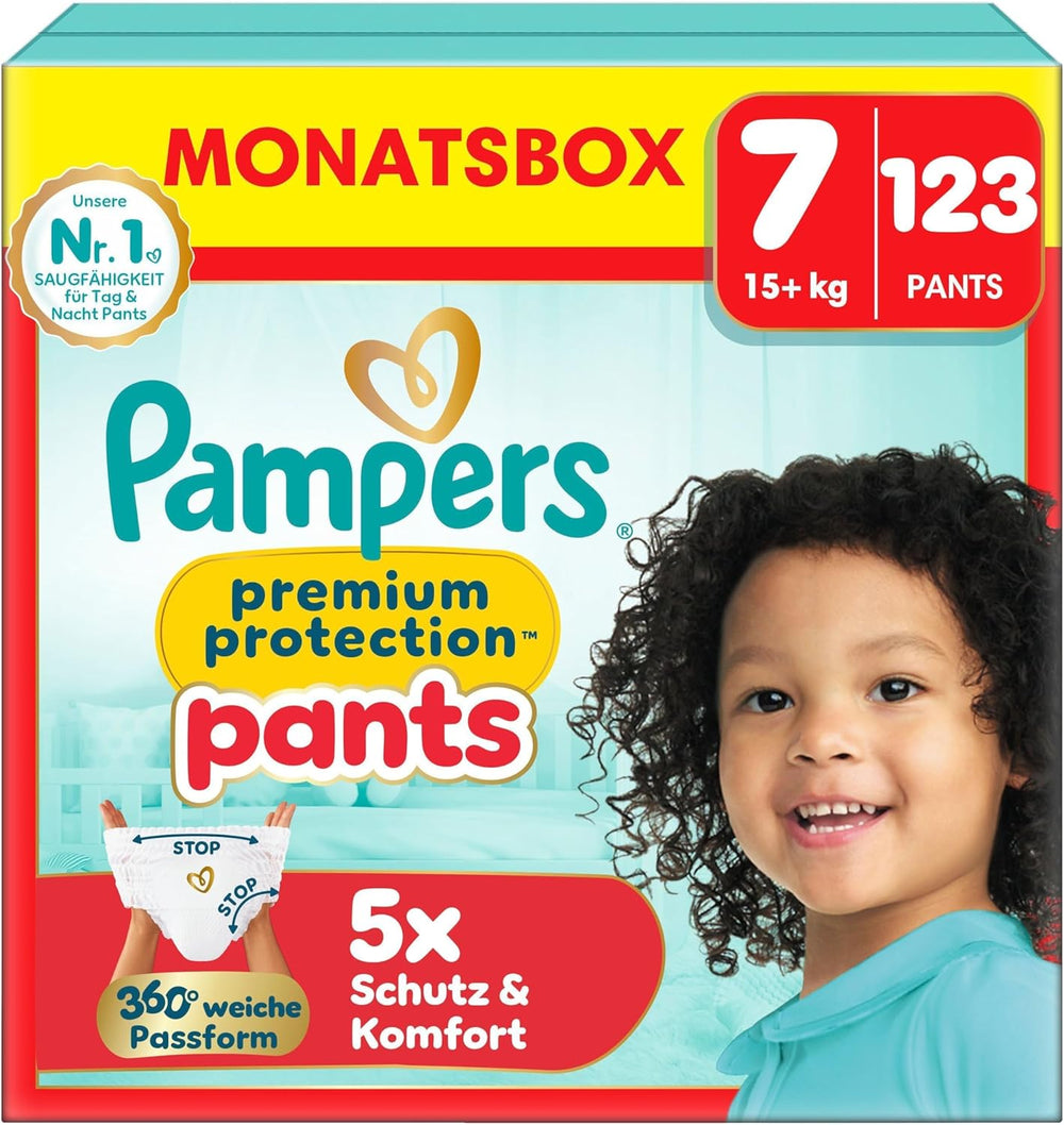 Scutece Pampers Premium Protection Pants mărimea 7, 123 scutece, 15 kg+, cu ajustare la 360° și manșete moi anti-scurgere pentru confort și protecție optime