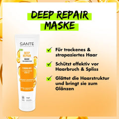 SANTE Natural Cosmetics Deep Repair Mask Squalane + complex proteic de 3 ori, mască de păr vegană pentru hidratare intensă și păr flexibil, repară și regenerează părul deteriorat, 150 ml Masca de par Naty Shop