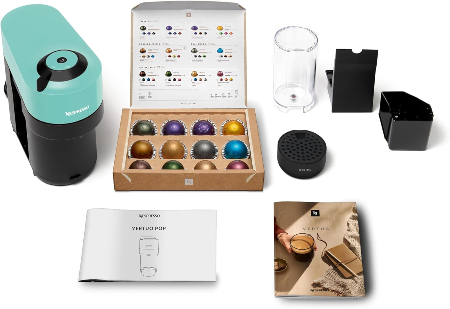 Espressor cu capsule Nespresso Krups Vertuo Pop, capacitate: 560 ml, recunoaștere automată a capsulelor, sistem one-touch, 4 dimensiuni de cești, timp de încălzire scurtat, sustenabil, Aqua Mint, XN9204