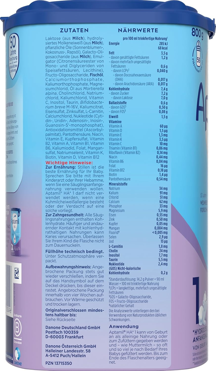 Aptamil HA 1 – Formulă de lapte praf pentru sugari de la naștere, cu DHA, fără lactoză, fără ulei de palmier, hrană pentru bebeluși, lapte praf, 1 x 800 g