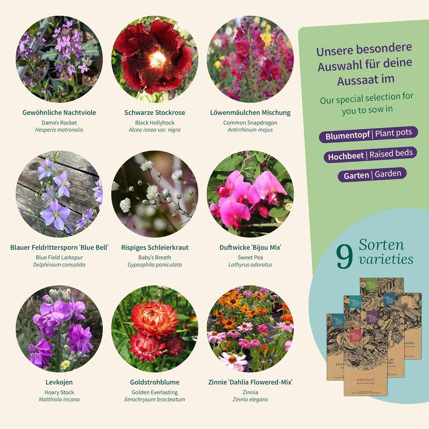 Semințe Magic Garden - Set de semințe Flower Nostalgia - 9 flori tradiționale de vară în stil grădină rustică - parfumate, colorate și nostalgice - Idee de cadou pentru iubitorii de grădină