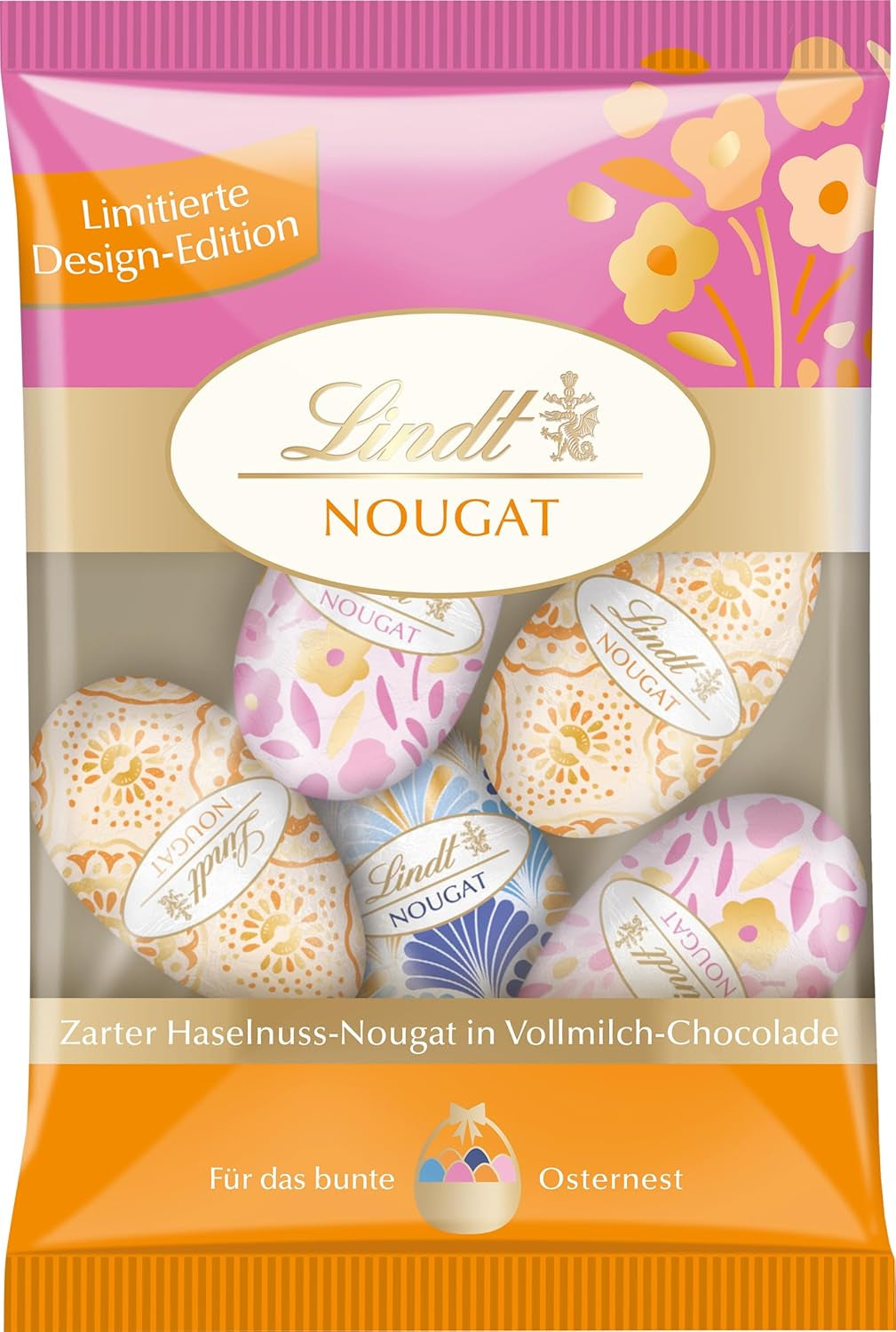 Ouă de ciocolată cu nuga, ediție decorativă de ciocolată Lindt, aurii | 90 g | 5 ouă de ciocolată din nuga delicată cu alune de pădure în ciocolată cu lapte alpină | Ciocolată de Paște | Cadou de ciocolată