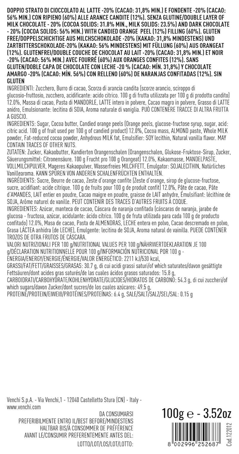Venchi - Trabuc din ciocolată cu lapte și ciocolată neagră 56% cu coajă de portocală siciliană confiată, 100 g, fără gluten, fără coloranți și fără conservanți