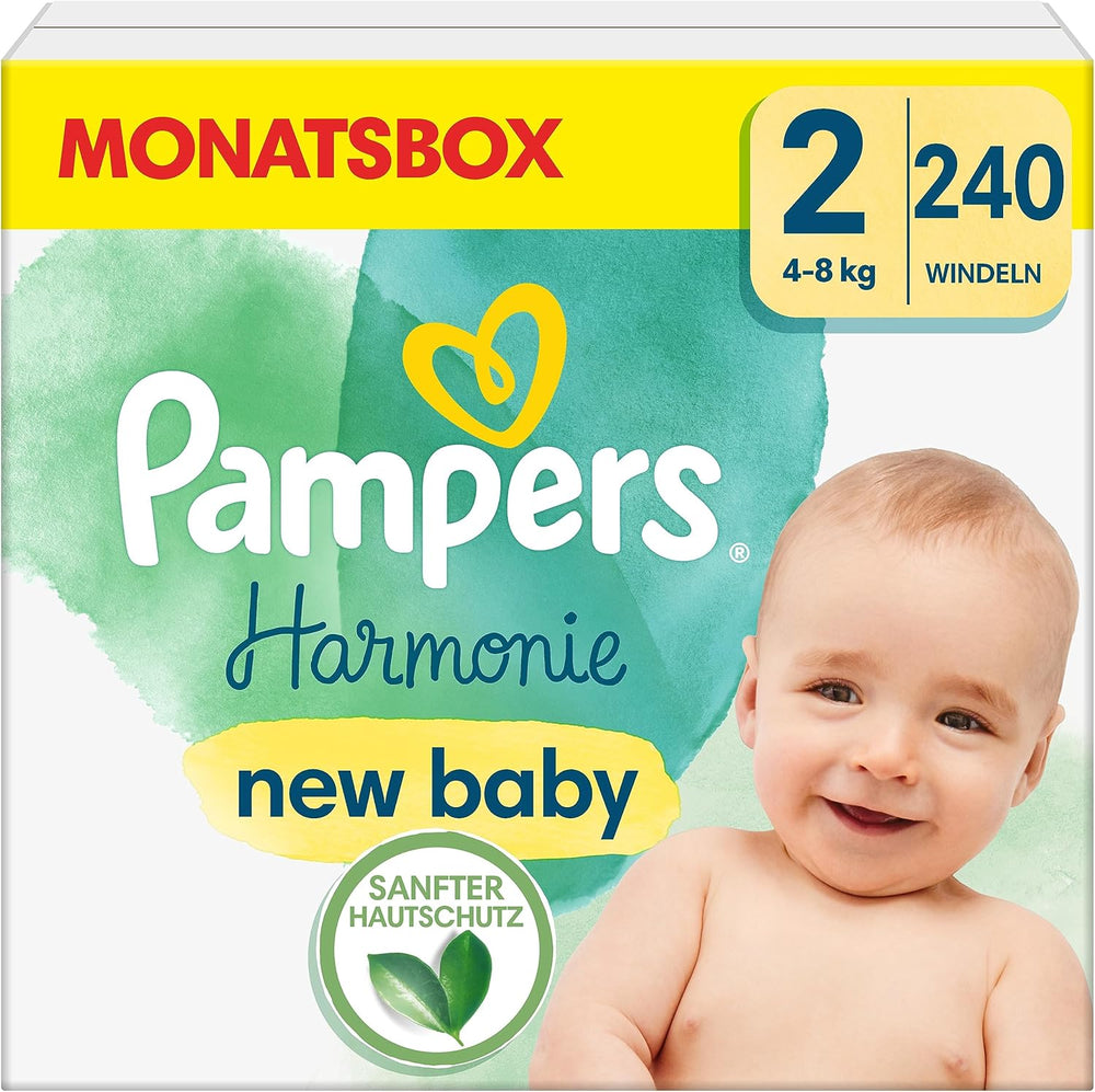 Scutece Pampers pentru bebeluși, mărimea 2 (4-8 kg), Harmony, cutie pentru jumătate de lună, protecție delicată a pielii și ingrediente pe bază de plante, 240 bucăți