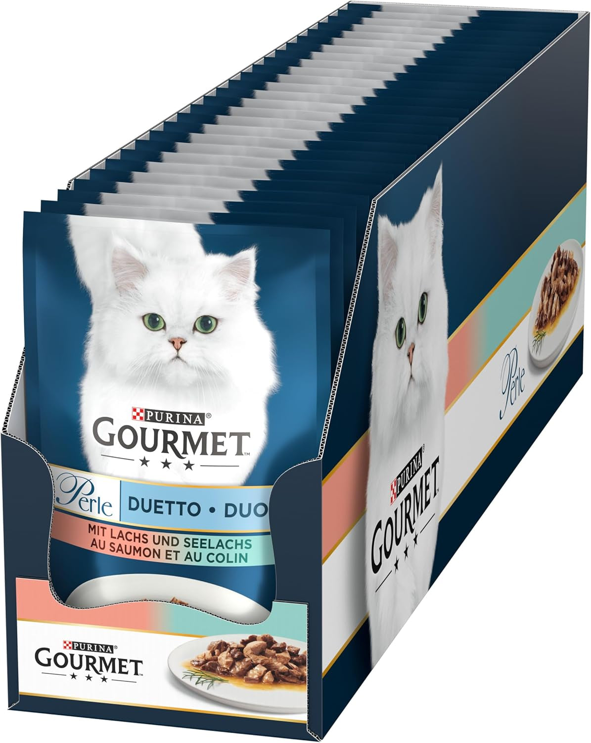 Hrană umedă pentru pisici Gourmet Perle Duetto cu somon și cod galben, pachet de 26 (26 x 85g)