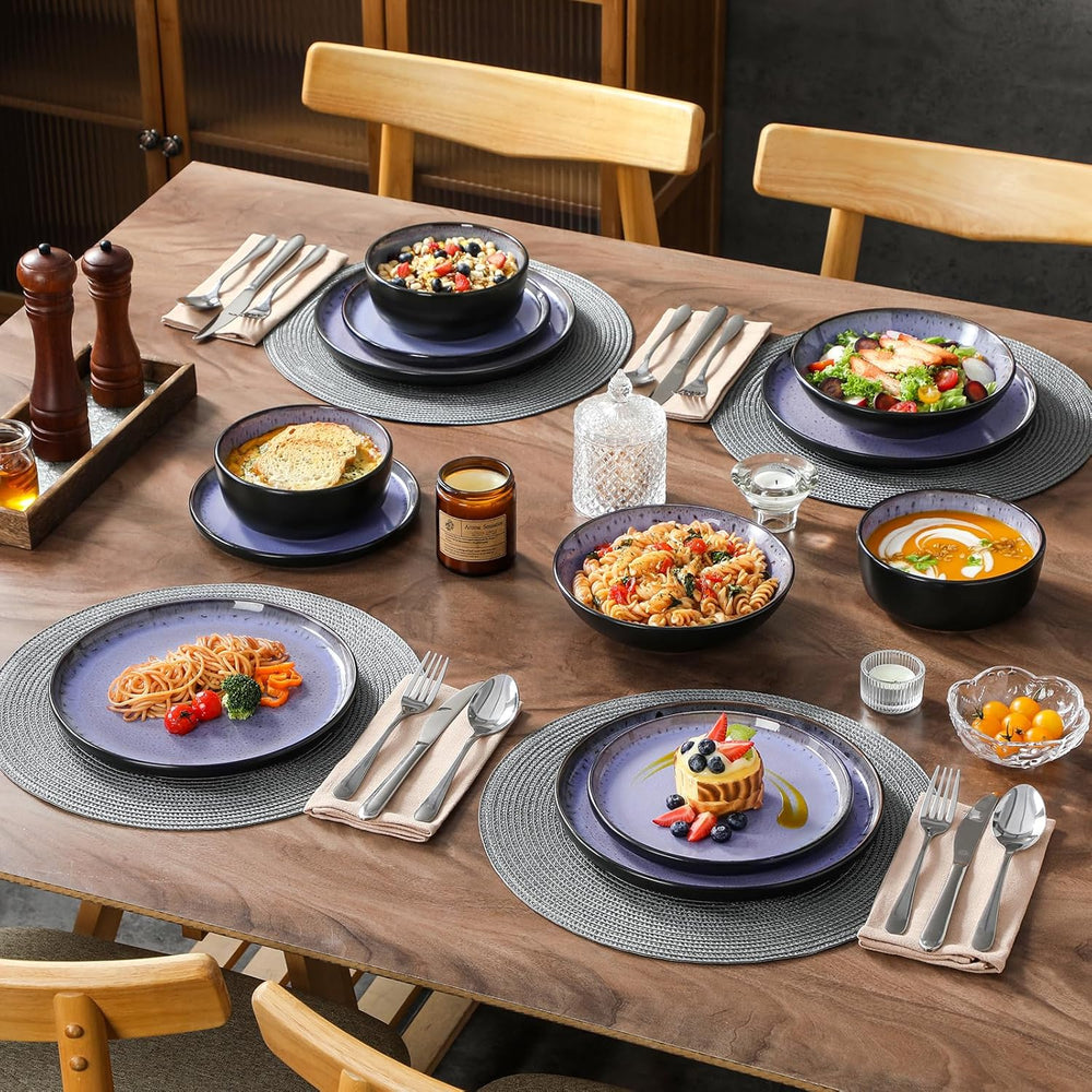 Steingut Geschirrset 6 Personen, vancasso AMBER Teller Set 6 Personen, Tafelservice 24tlg mit Speiseteller, Dessertteller, Suppenteller, Schüssel, Reaktive Glasur, Abendviolett, Spülmaschinenfest