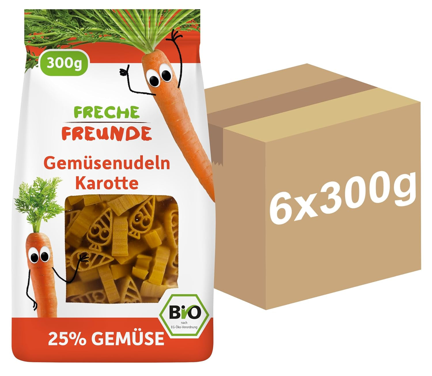 Tăiței vegetali organici Freche Freunde „Morcov”, cu 25% conținut de legume, vegani, pachet de 6 (6 x 300 g)