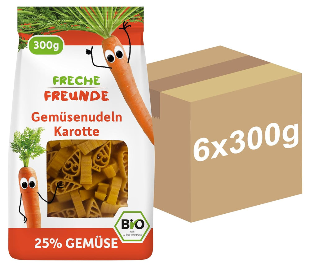 Tăiței vegetali organici Freche Freunde „Morcov”, cu 25% conținut de legume, vegani, pachet de 6 (6 x 300 g)