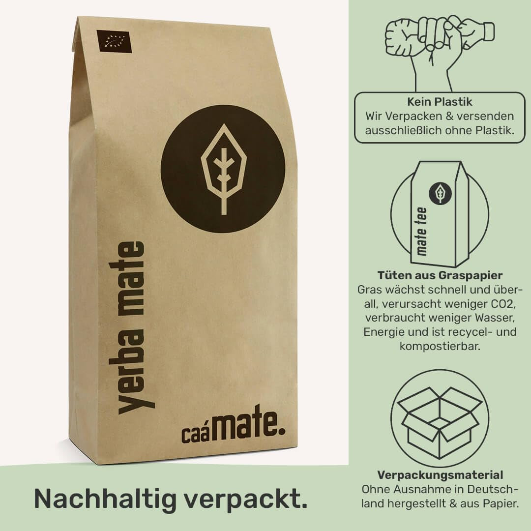 Ceai Yerba Mate BIO 1 kg ● Original ● Maturat ● Neprăjit ● Uscat la aer ● Fără fum ● Fără plastic ● Echitabil ● Ceai mate din frunze de mate, bucăți de mate și pudră de frunze de mate ● DE-ÖKO-006