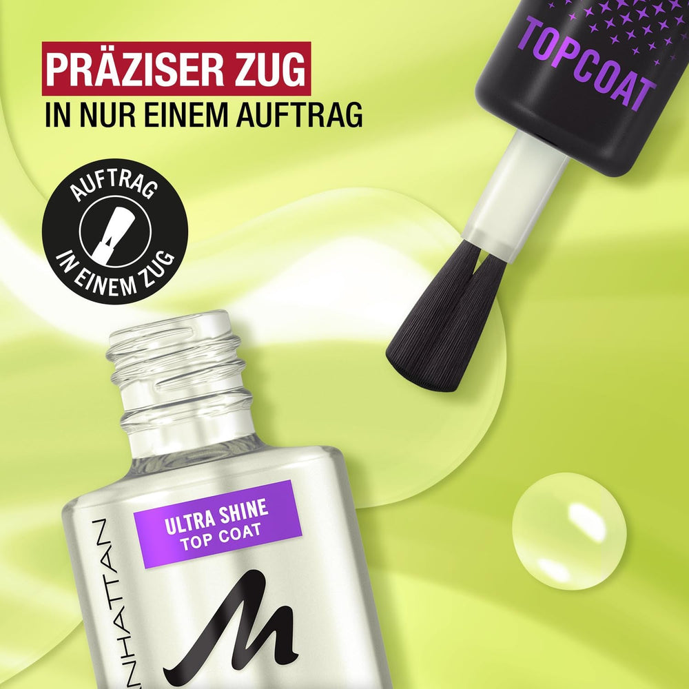 Manhattan Nail Top Coat Ultra Shine, top coat transparent cu finisaj lucios pentru o manichiură de lungă durată, 12 ml
