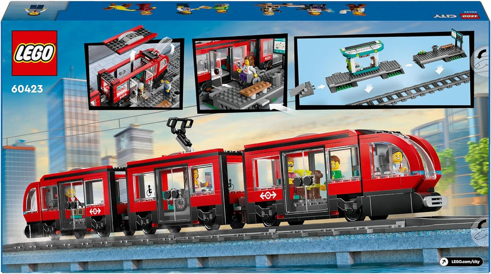 Tramvai LEGO City cu stație, idee de cadou pentru fanii jucăriilor cu vehicule de la 7 ani, cu 6 minifigurine și un câine ghid pentru jocuri de rol, jucărie de construcție 60423 Seturi de constructie Besuche den LEGO-Store