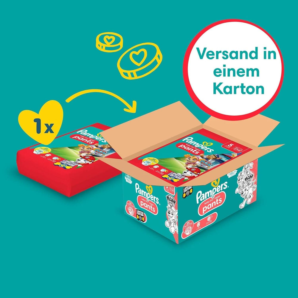 Pampers scutece Paw Patrol Pantaloni mărimea 5 (12-17Kg) Baby-Dry, Junior cu buzunar Stop and Protect, CUTIE LUNARĂ, 160 scutece Naty Shop