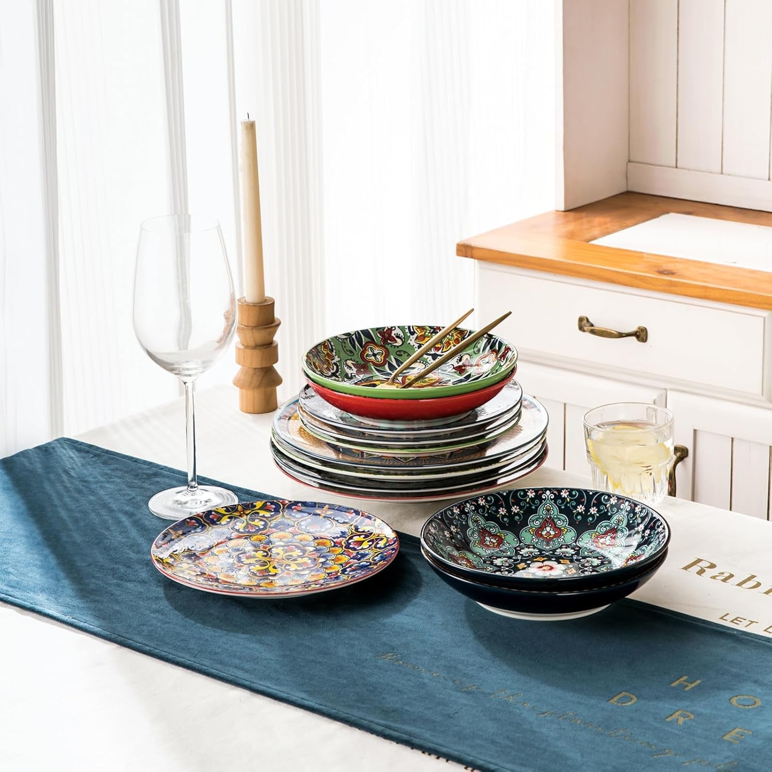 Set de veselă din porțelan HENXFEN LEAD, set de veselă cu 12 piese pentru 4 persoane, set de veselă colorat pentru 4 persoane - farfurii pictate manual, farfurii de desert, farfurii de supă - stil boem