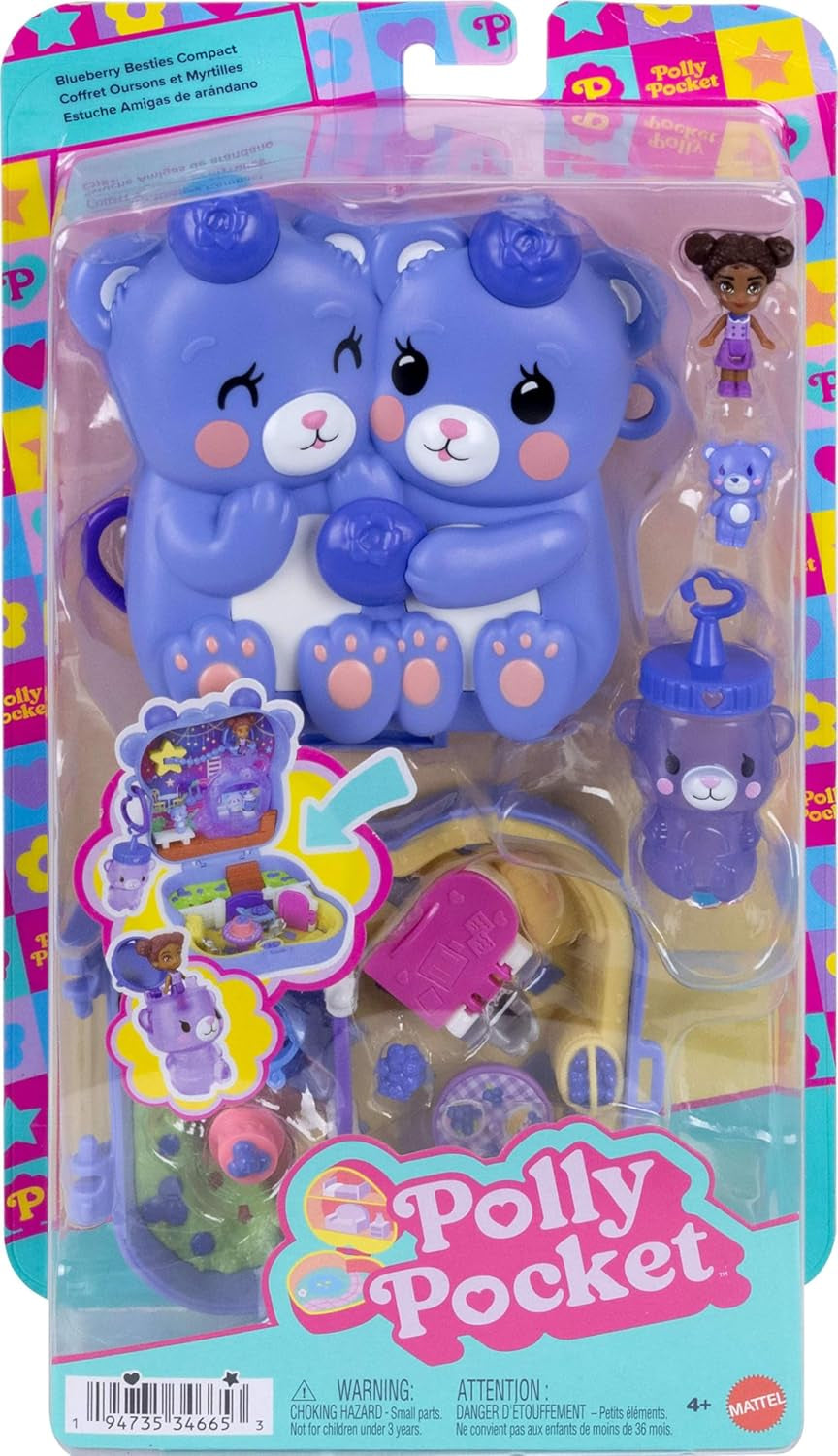 Polly Pocket Puppen und Spielset, Beste Blaubeeren-Freunde Schatulle, Reisespielzeug mit 1 Mikropuppe, Haustier und Zubehörteilen mit Obstmotiven, JKC48
