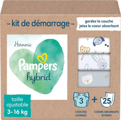 Pampers - Pachet de început Harmony Hybrid, 3 scutece lavabile + 25 straturi superioare de unică folosință - 1 pachet