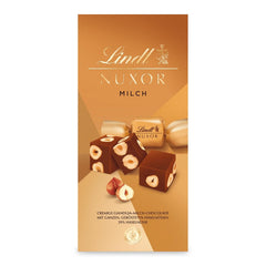 Ciocolată Lindt | Pliculeț de ciocolată cu lapte NUXOR | 103g | Cuburi cremoase de ciocolată cu lapte Gianduja cu alune de pădure prăjite | Cadou de ciocolată