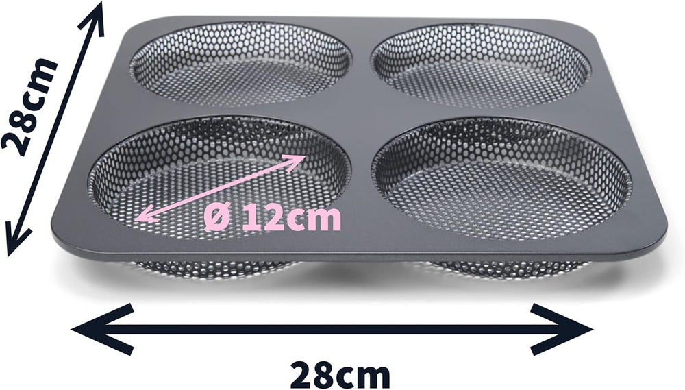 Hamburgerbrötchen, Perforiert, Antihaftbeschichtet, 4 Runde Mulden Mit Je 12 Cm, Pfannengröße 28 X 28 Cm, 2,5 Cm Tief, Mittelgroß, Schwarz Matrite si tavi pentru copt Naty Shop