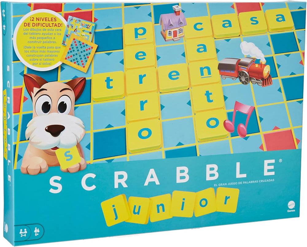 Mattel Games Scrabble Junior - Joc de cuvinte și joc pentru copii, Joc de societate potrivit pentru 2-4 copii cu vârsta de 6 ani și peste, Designul poate varia, Versiune germană, Y9670