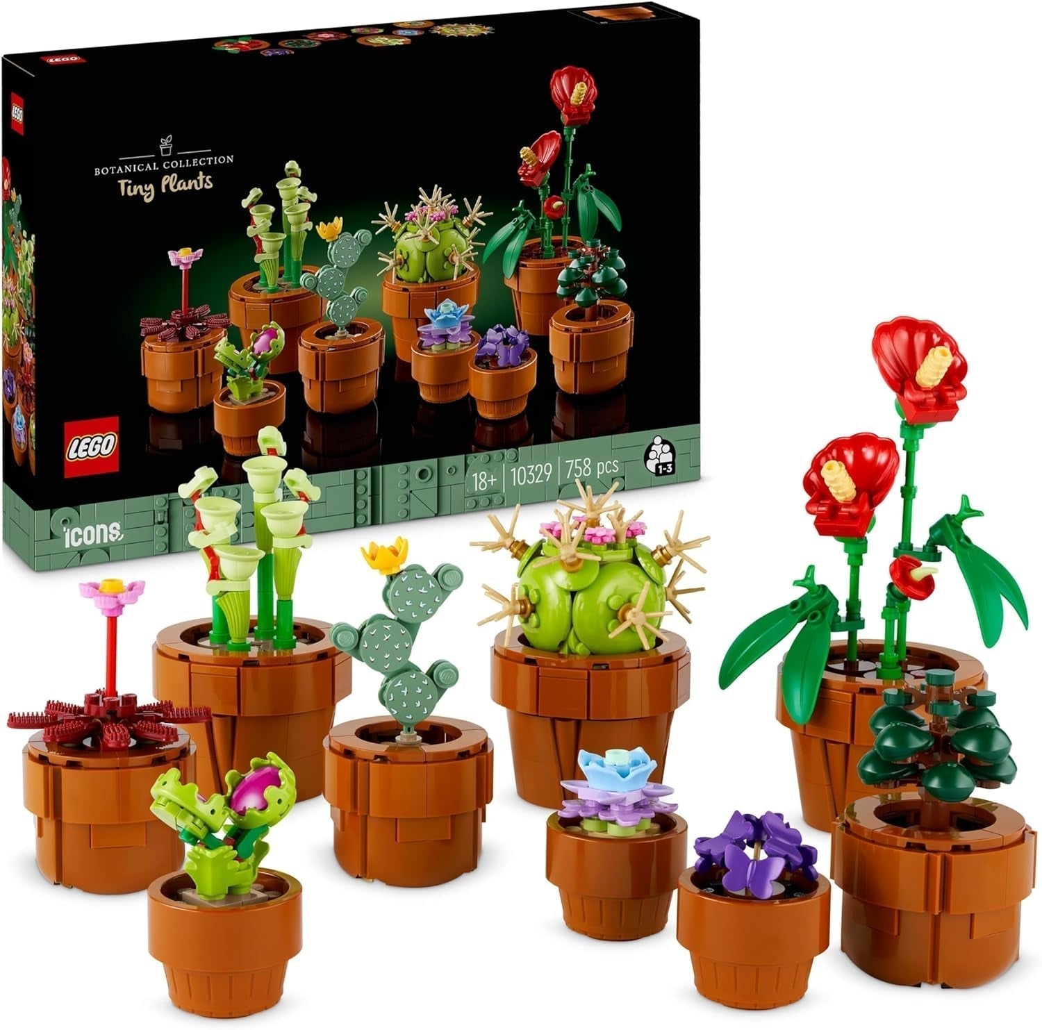 Mini plante LEGO Icons, 9 flori artificiale de construit, set de colecție botanică pentru adulți cu ghiveci de teracotă construibil, decorațiuni pentru casă, cadou pentru femei și bărbați 10329 Seturi de constructie Besuche den LEGO-Store Mini plante