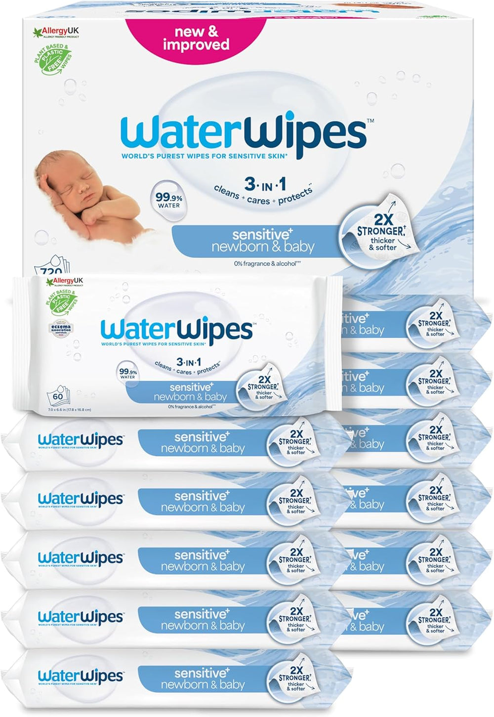 Șervețele umede WaterWipes Sensitive+ pentru nou-născuți și bebeluși, 240 bucăți (4 pachete), curățare, îngrijire, protecție 3 în 1, 99,9% apă, fără parfum