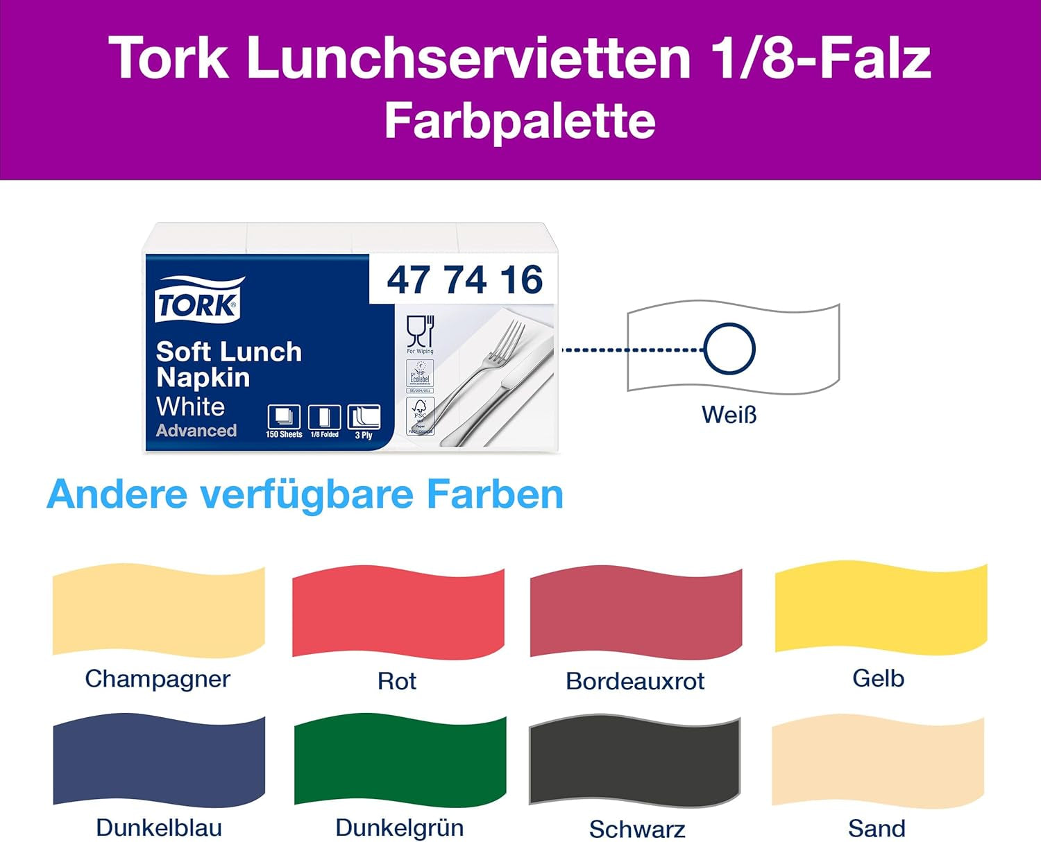 Tork Soft Lunch Napkin alb, pliat 1/8, 3 straturi, 33 cm × 33 cm, 150 șervețele, 477416