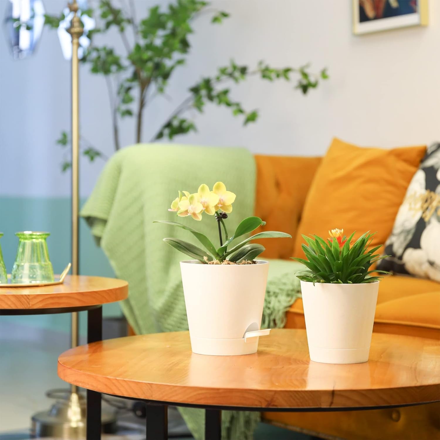 Ghiveci de flori din plastic T4U de 14 cm cu sistem de udare, set de 6 ghivece cu auto-udare și farfurioare, ghivece rotunde pentru plante de grădină de interior și balcon, suculente, cactuși, alb