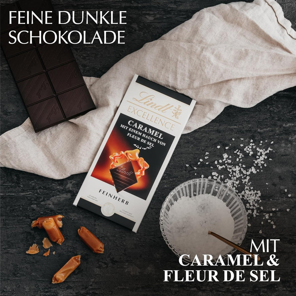 Lindt EXCELLENCE Caramel și Sare de Mare - Ciocolată Neagră | Baton 100g | Cu Caramel și Sare de Mare (Fleur de Sel) | Aromă Intensă de Cacao | Ciocolată Neagră