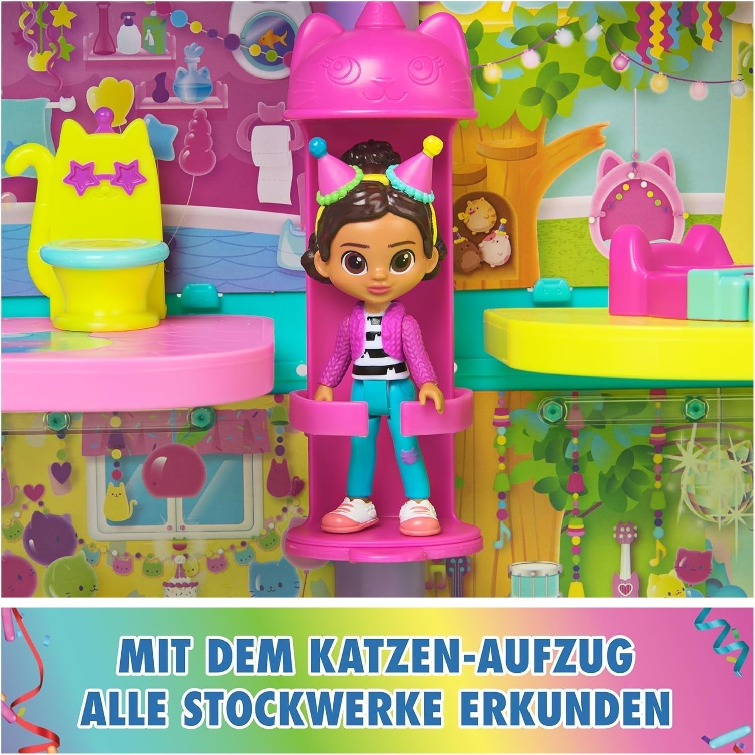 Casa de păpuși Gabby™S, set de 15 piese pentru casa de păpuși Purrfect Party cu aspect curcubeu, de peste 60 cm, cu figura Gabby, mobilier și efecte sonore, de la 3 ani Casute de papusi Naty Shop