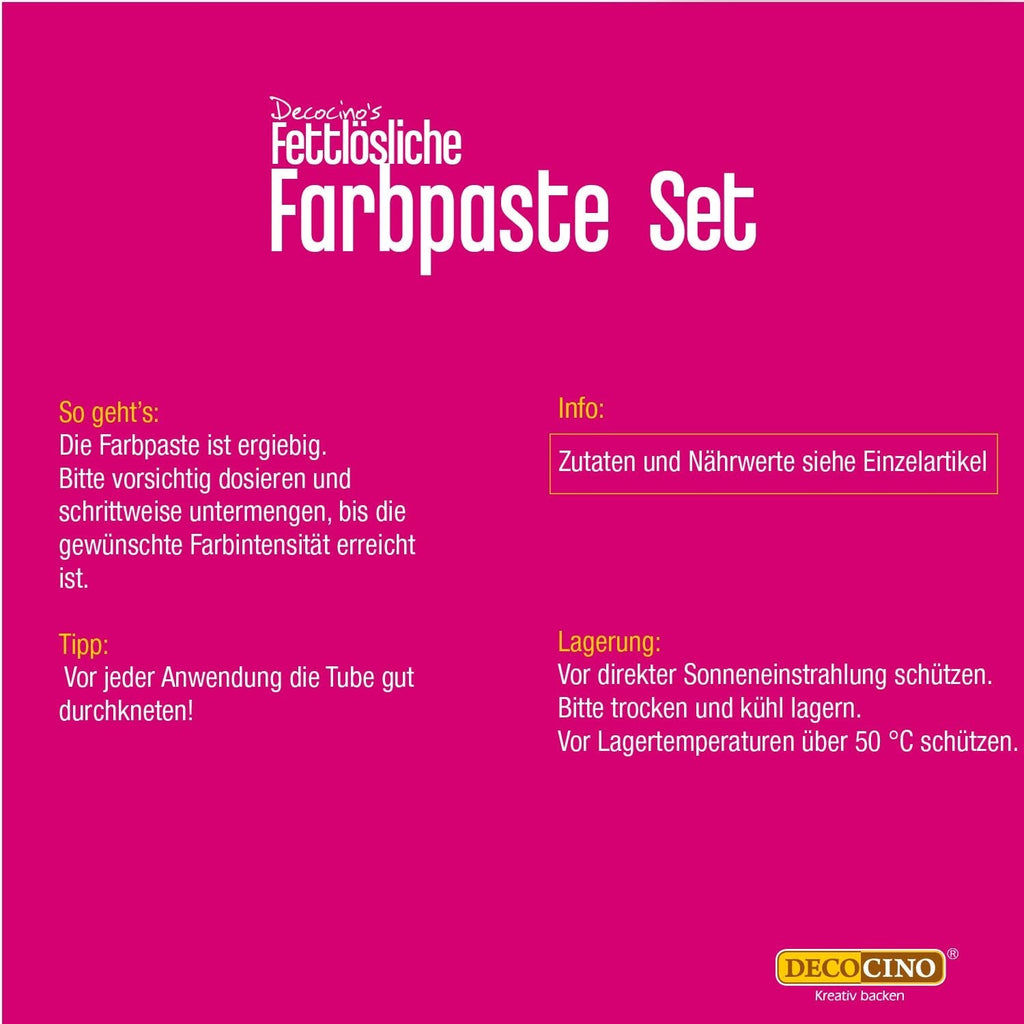 Decocino Pastă de colorare liposolubilă Set de 6 – 6 x 15 g – Coloranți alimentari în roșu, alb, verde, galben, albastru și negru, ideali pentru colorarea prăjiturilor, fondantului și cremelor – Fără azo și gluten