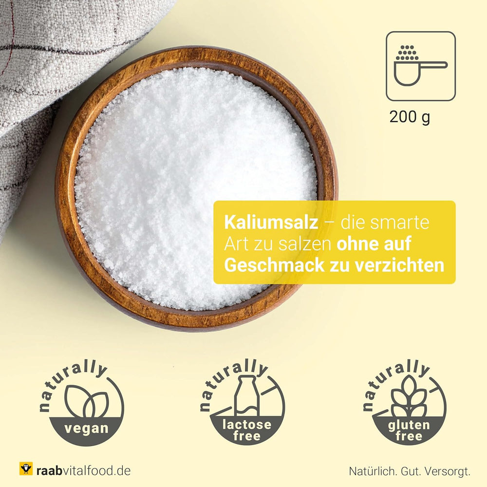 Raab Vitalfood Kaliumsalz-Mischung, Mineralsalzmischung mit 66,7% Natriumchlorid (Kochsalz) und 33% Kaliumchlorid, Kalium trägt zur Aufrechterhaltung eines normalen Blutdrucks bei (1 x 200 g Dose)