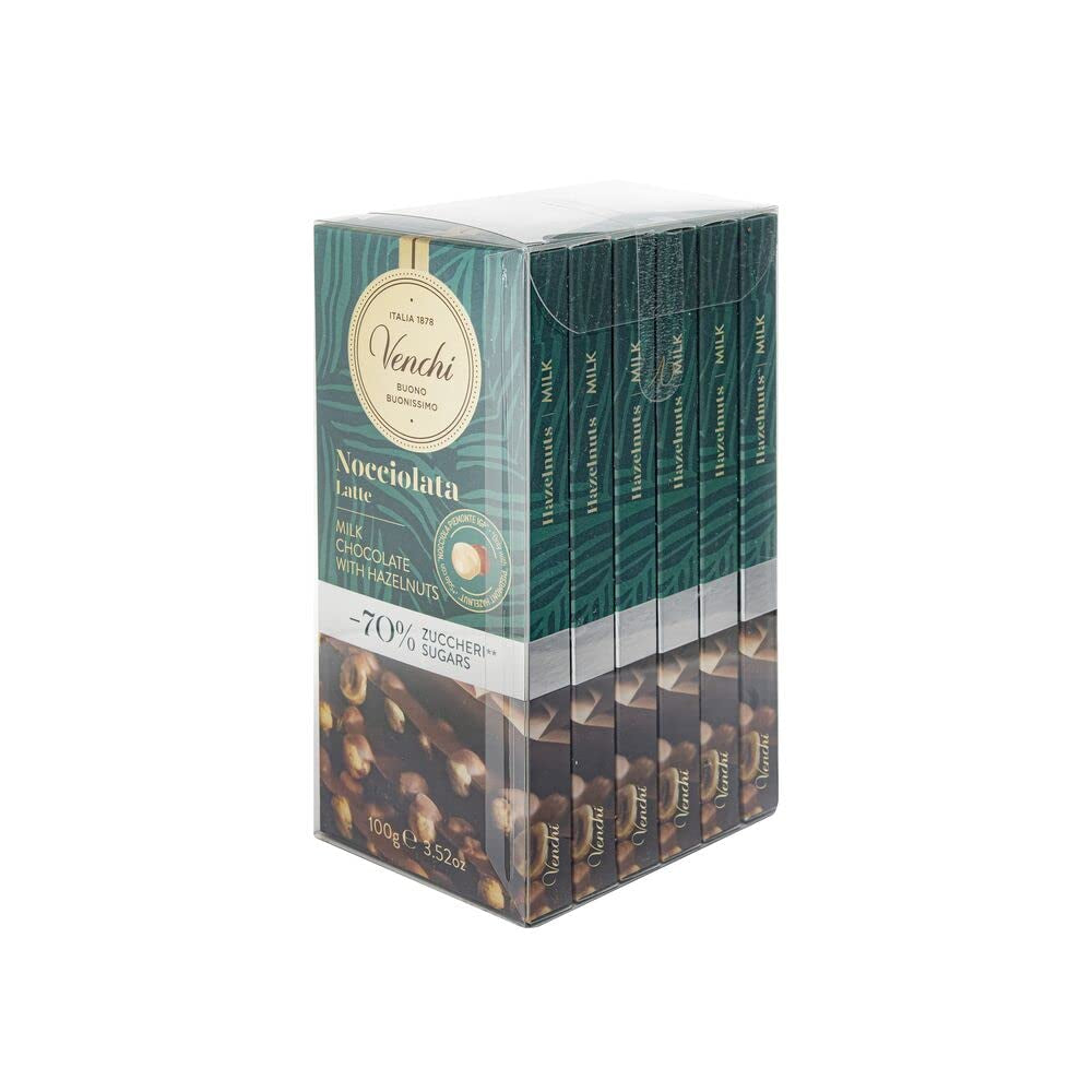 Venchi – Pachet de 6 batoane de ciocolată neagră cu alune de pădure, 600g – Fără zahăr adăugat – Fără îndulcitori artificiali – Fără gluten – Vegan – Idee de cadou