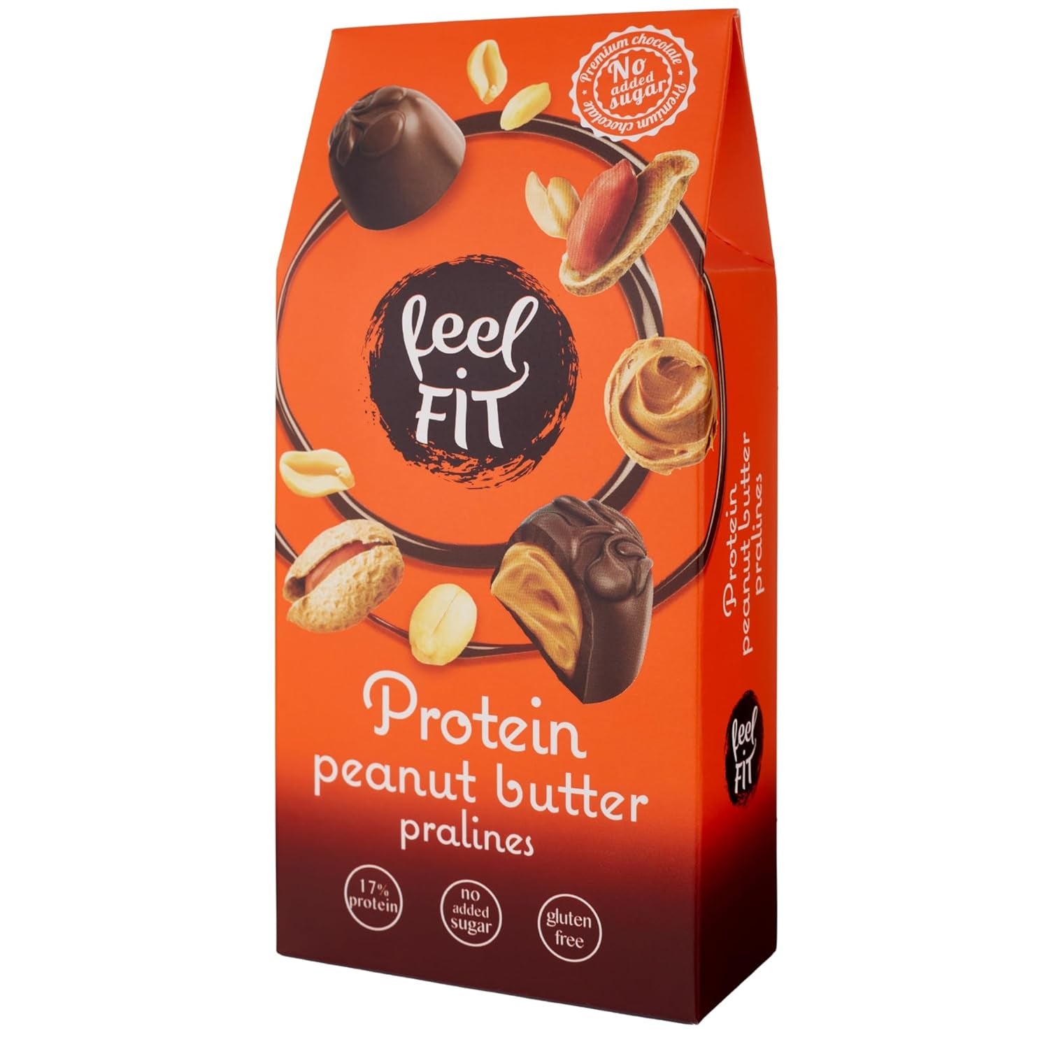 Praline proteice cu unt de arahide Feel FIT în ciocolată cu lapte de înaltă calitate, fără zahăr adăugat, 17% proteine, fără gluten 66 g (1 pachet)